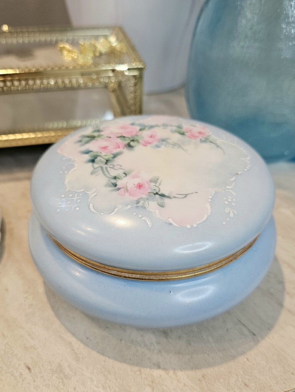 Hand Painted Porcelain Powder Box Limoges France Trinket Box Roses Gold Trim